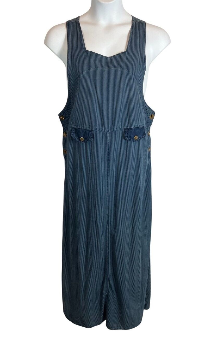 Vintage Striped Denim Sleeveless Maxi Overall Style Jumper Dress  Size 14